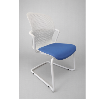 Fauteuil KEYN blanc assise bleue reconditionné - Herman MILLER