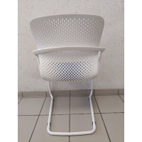 Fauteuil KEYN blanc assise bleue reconditionné - Herman MILLER